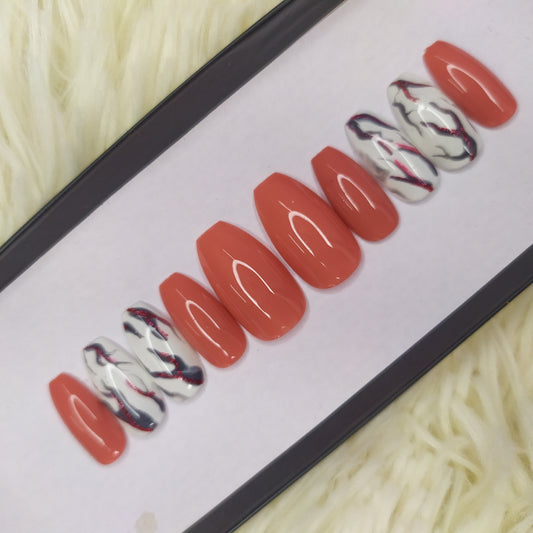 The NailzStation Glossy Peach Marble Press on Fake Artificial Nails Set with glue, filer, sticker application kit // 1334