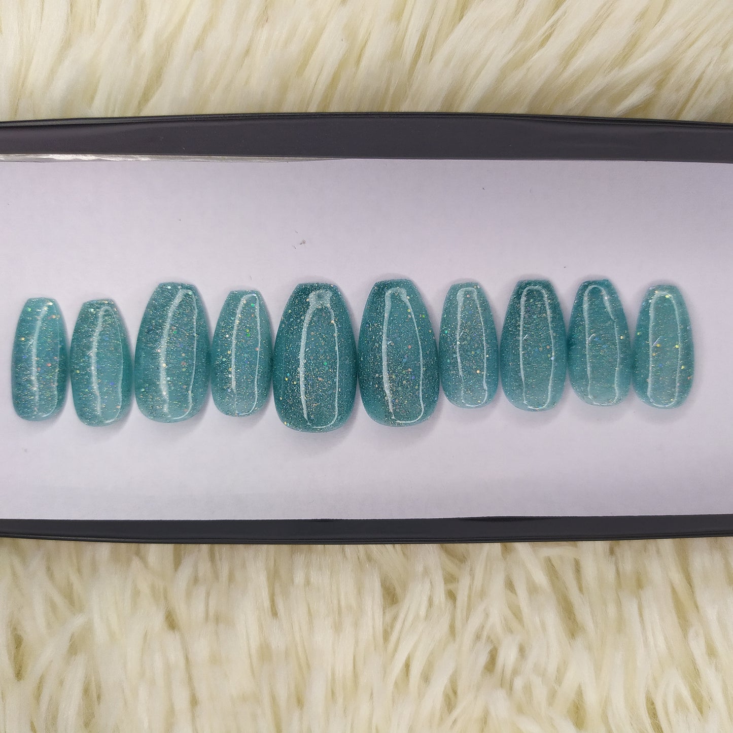 The NailzStation Glossy Light Blue Glitter Press on Fake Artificial Nails Set with glue, filer, sticker application kit // 1341