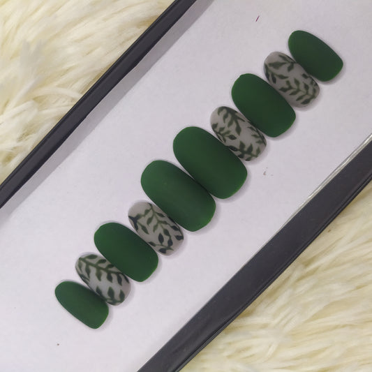 The NailzStation Matte Green Leaves Press on Fake Artificial Nails Set with glue, filer, sticker application kit // 1335