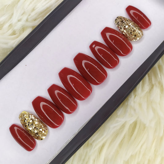 The NailzStation Glossy Maroon Golden Glitter Press on Fake Artificial Nails Set with glue, filer, sticker application kit // 1342