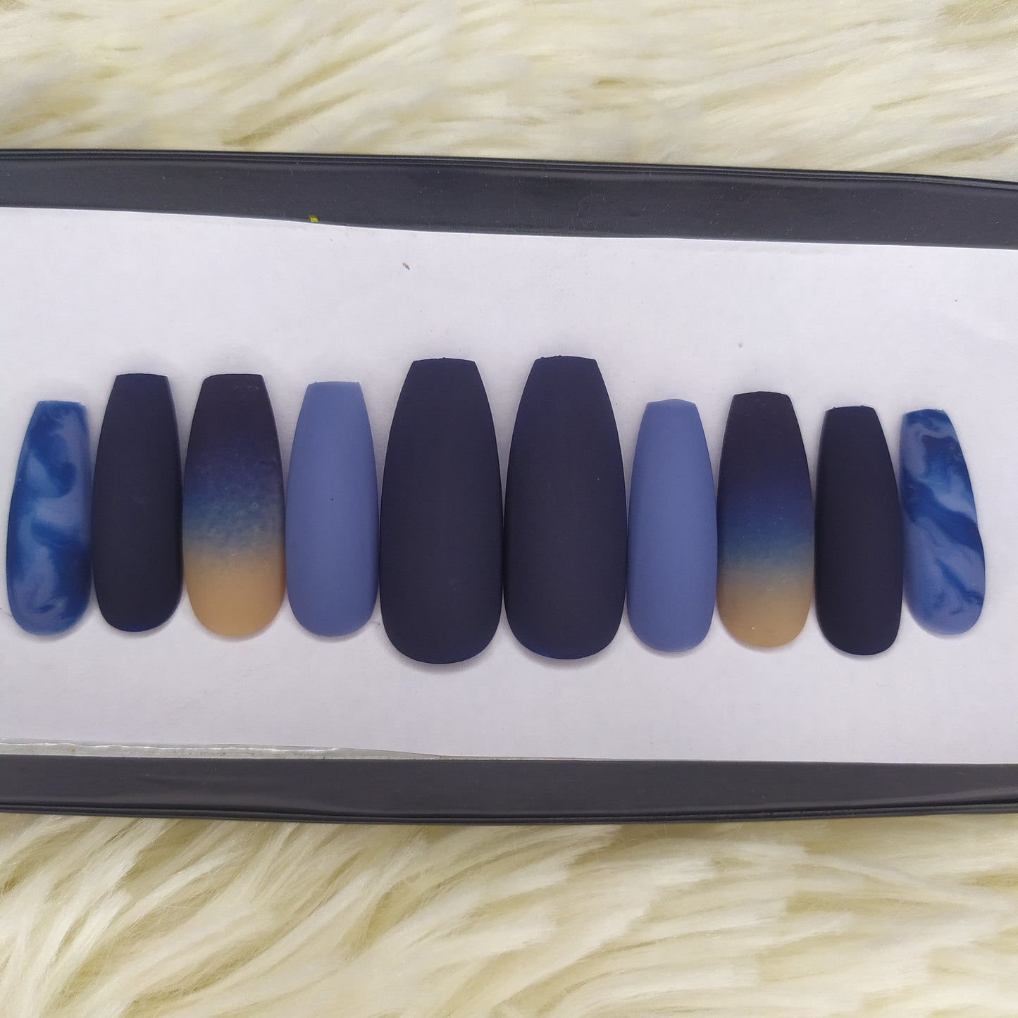 The NailzStation Matte Blue Marble Ombre Press on Fake Artificial Nails Set with glue, filer, sticker application kit // 1360