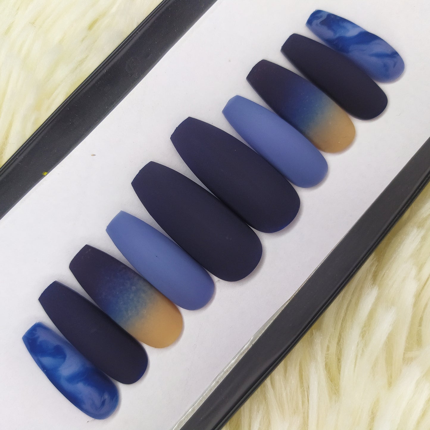 The NailzStation Matte Blue Marble Ombre Press on Fake Artificial Nails Set with glue, filer, sticker application kit // 1360