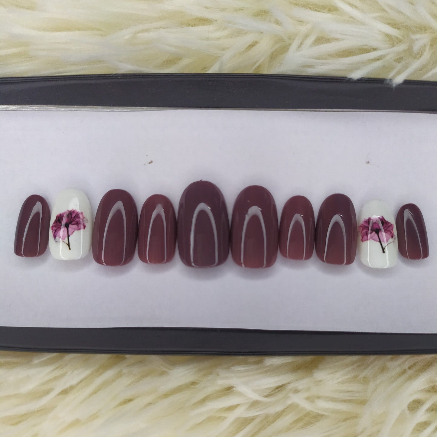 The NailzStation Glossy Plum Floral Press on Fake Artificial Nails Set with glue, filer, sticker application kit // 1348