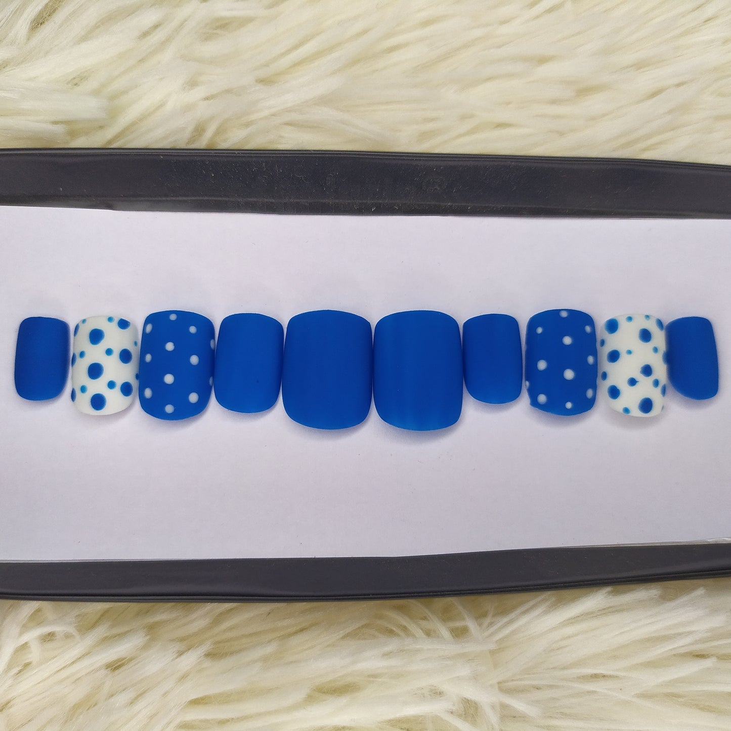 The NailzStation Matte Blue and White Dots Press on Fake Artificial Nails Set with glue, filer, sticker application kit // 1356