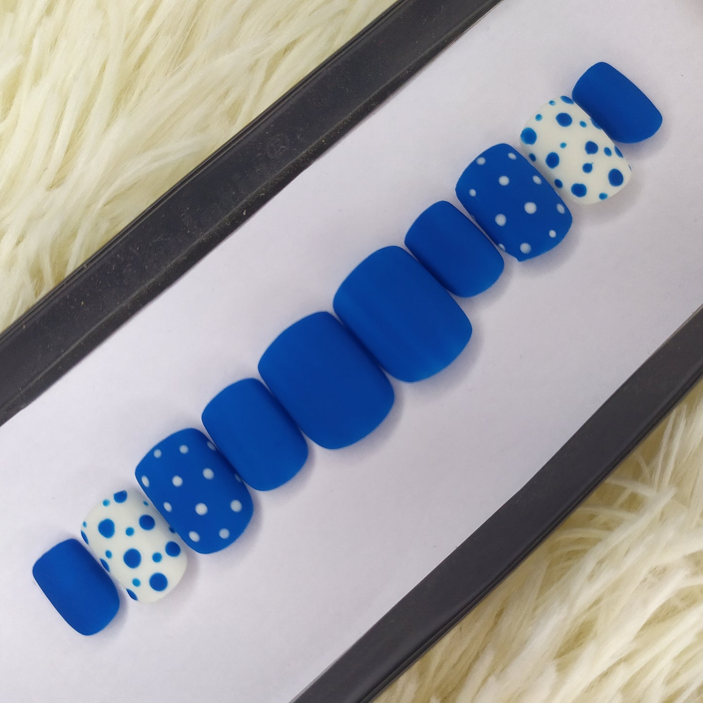 The NailzStation Matte Blue and White Dots Press on Fake Artificial Nails Set with glue, filer, sticker application kit // 1356