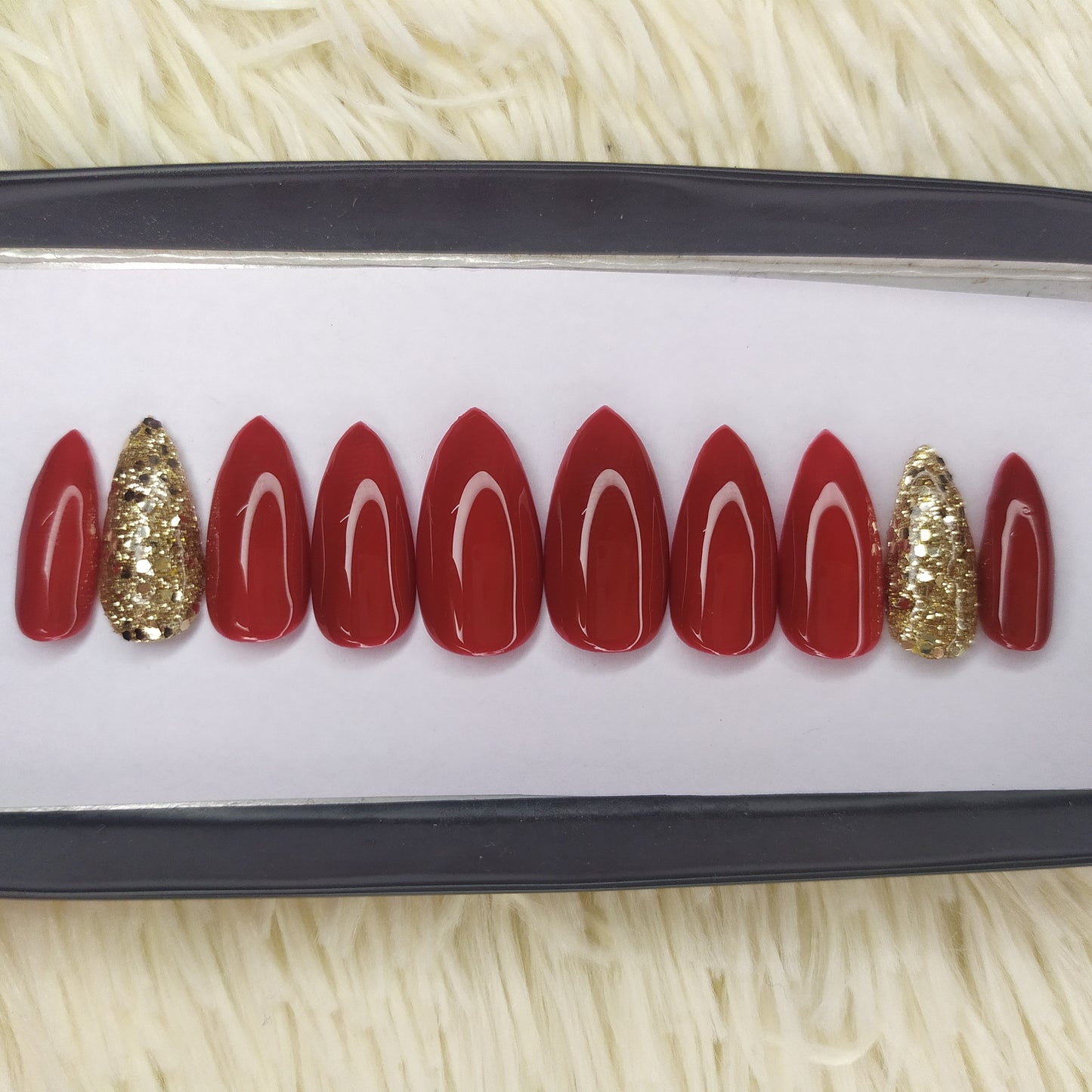 The NailzStation Glossy Maroon Glitter Press on Fake Artificial Nails Set with glue, filer, sticker application kit // 1350