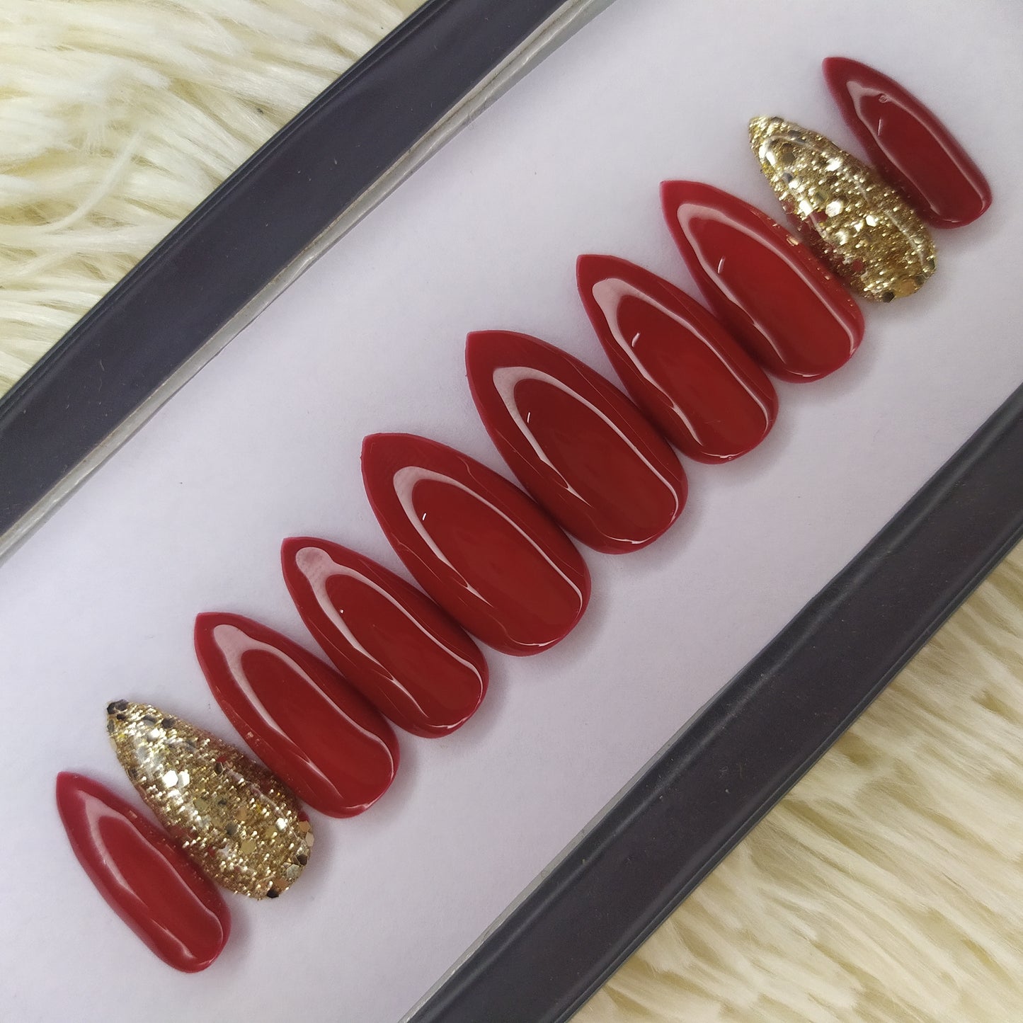 The NailzStation Glossy Maroon Glitter Press on Fake Artificial Nails Set with glue, filer, sticker application kit // 1350