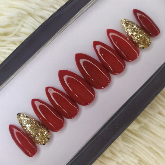 The NailzStation Glossy Maroon Glitter Press on Fake Artificial Nails Set with glue, filer, sticker application kit // 1350