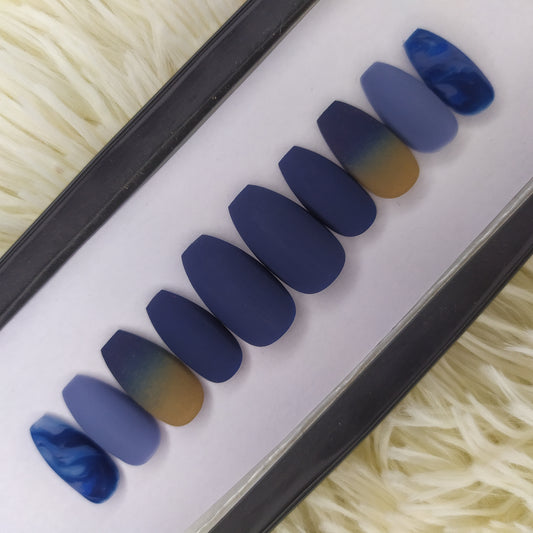 The NailzStation Matte Blue Ombre Marble Press on Fake Artificial Nails Set with glue, filer, sticker application kit // 1351