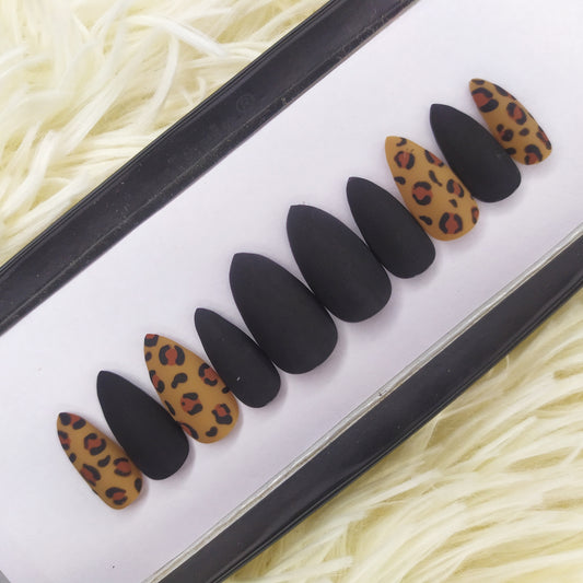 The NailzStation Matte Black Animal Print Press on Fake Artificial Nails Set with glue, filer, sticker application kit // 1352