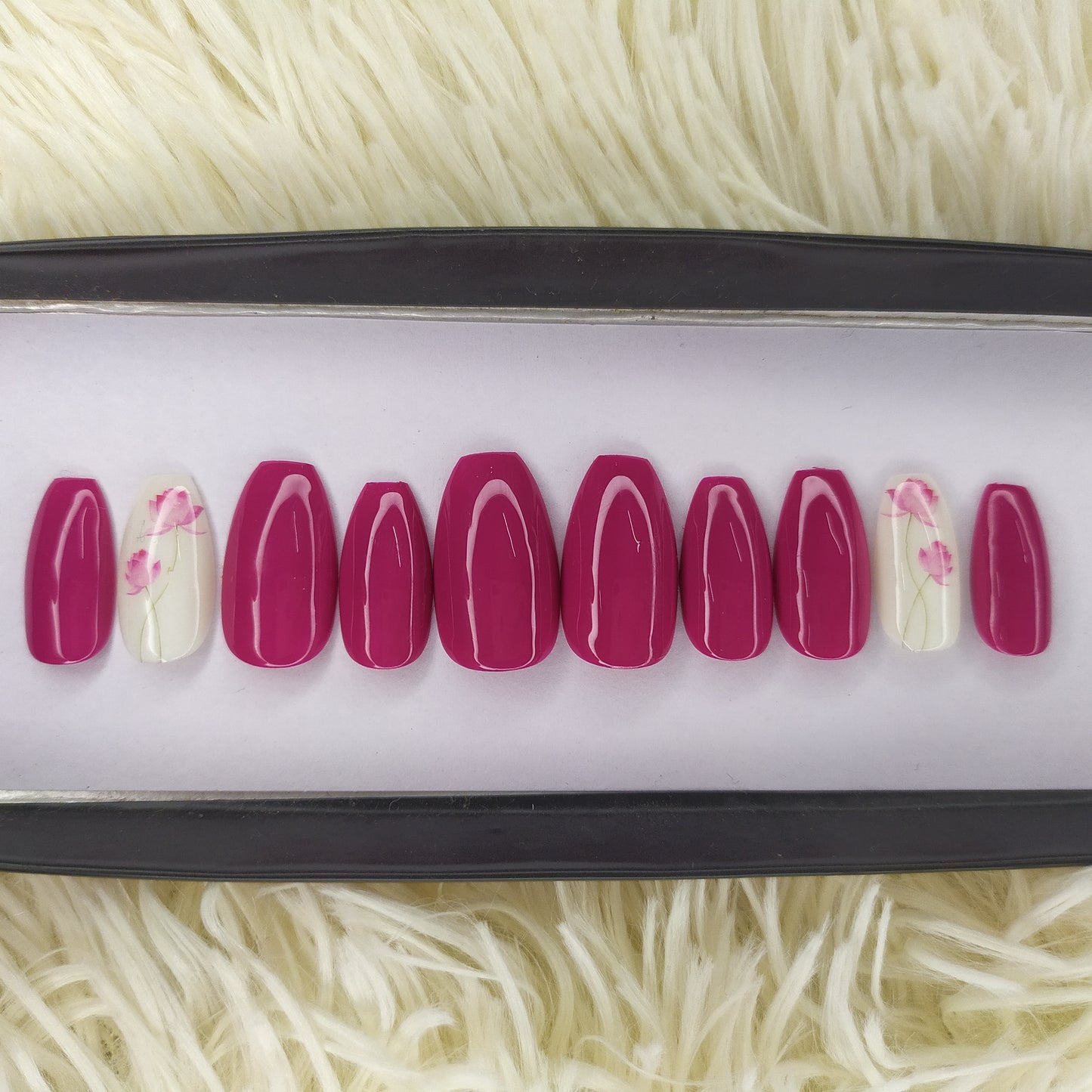 The NailzStation Glossy Pink Floral Press on Fake Artificial Nails Set with glue, filer, sticker application kit // 1363