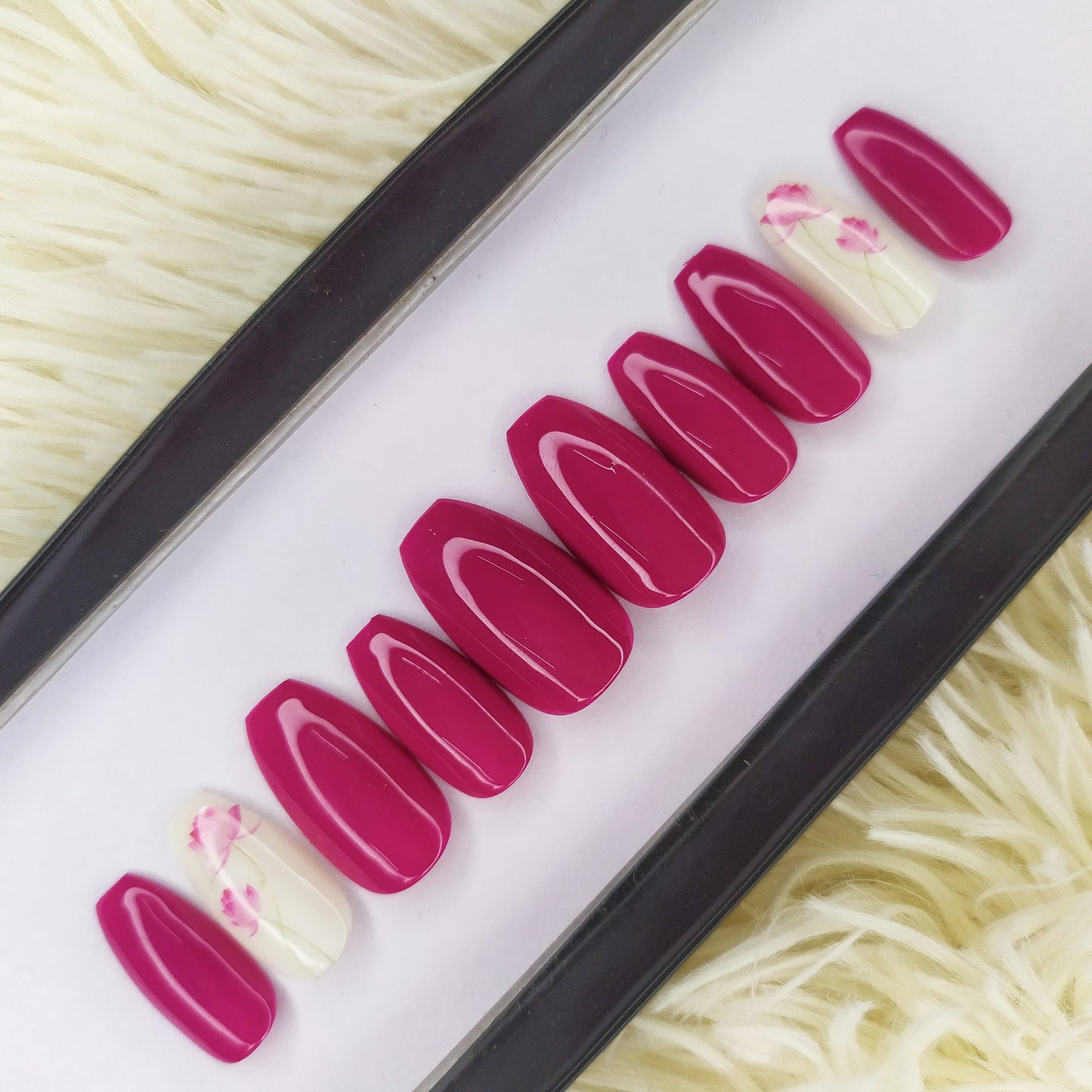 The NailzStation Glossy Pink Floral Press on Fake Artificial Nails Set with glue, filer, sticker application kit // 1363