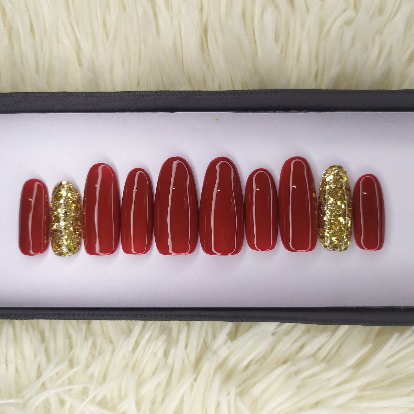 The NailzStation Glossy Maroon Glitter  Press on Fake Artificial Nails Set with glue, filer, sticker application kit // 1366