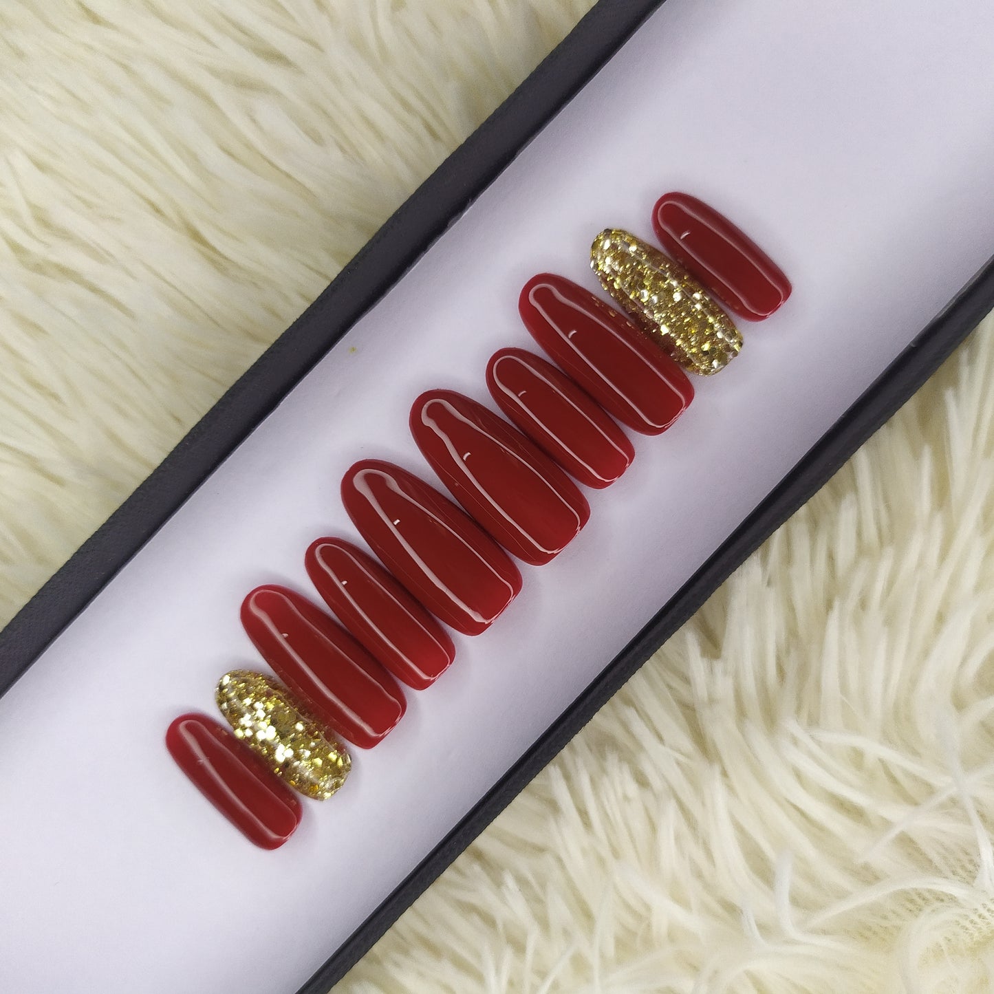 The NailzStation Glossy Maroon Glitter  Press on Fake Artificial Nails Set with glue, filer, sticker application kit // 1366