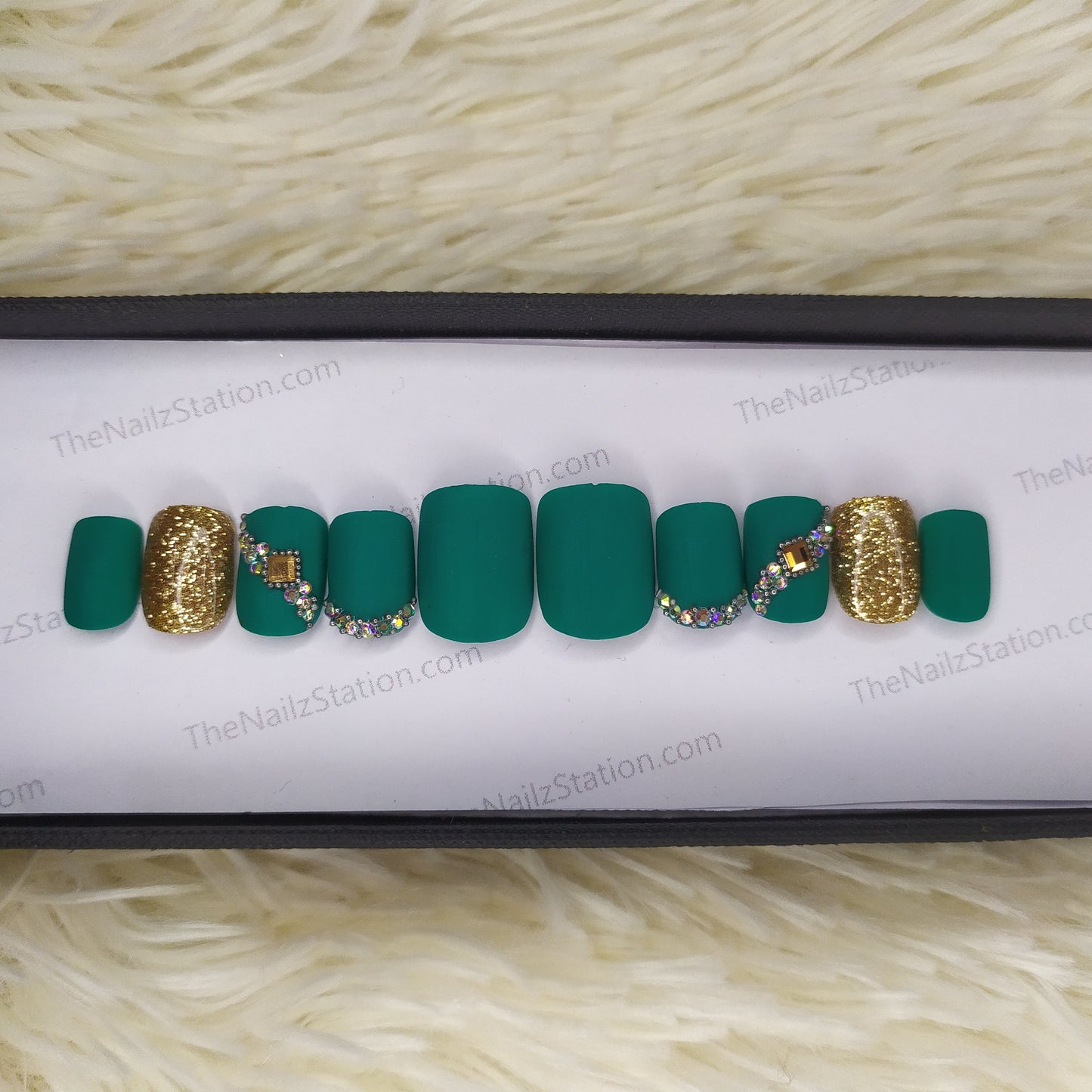 The NailzStation Matte Green Studded Press on Fake Artificial Nails Set with glue, filer, sticker application kit // 1358