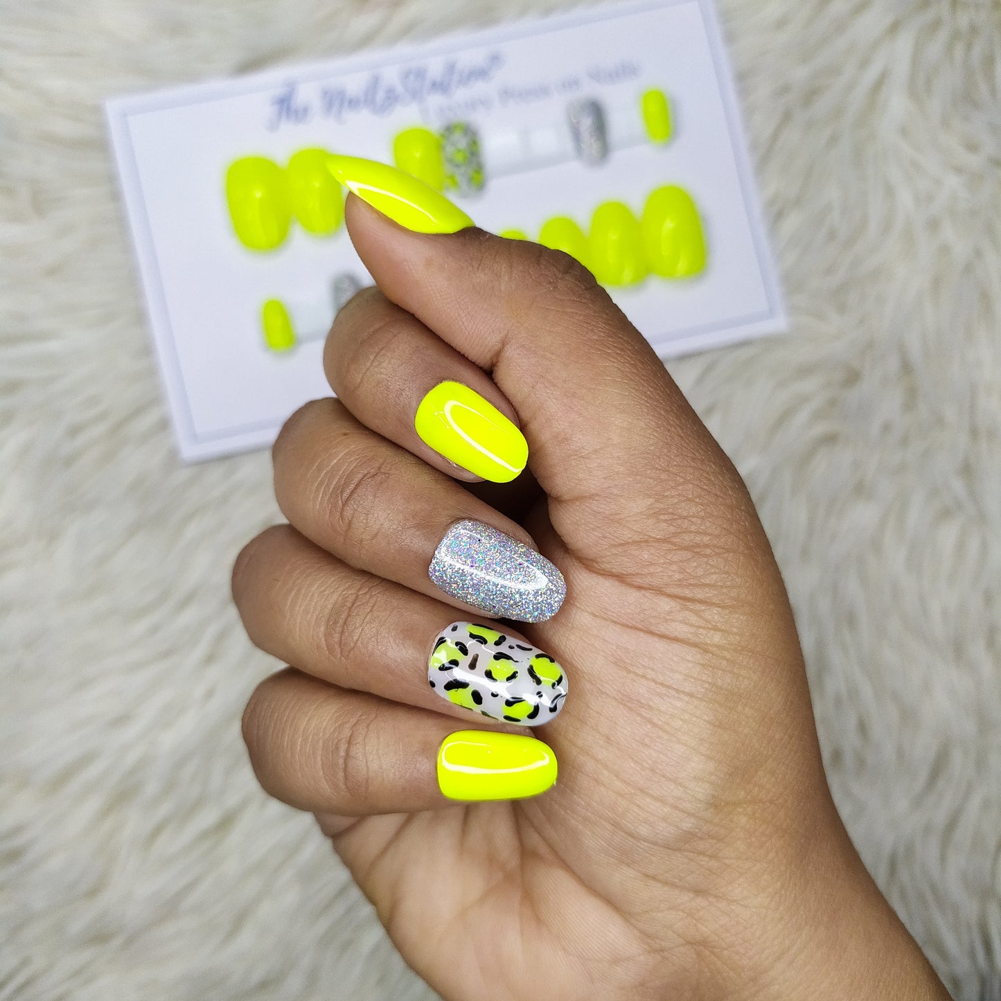 The NailzStation Glossy Yellow Glitter Studded Press on Fake Artificial Nails Set with glue, filer, sticker application kit // 1322
