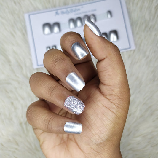The NailzStation Glossy Silver Glitter Press on Fake Artificial Nails Set with glue, filer, sticker application kit // 1318