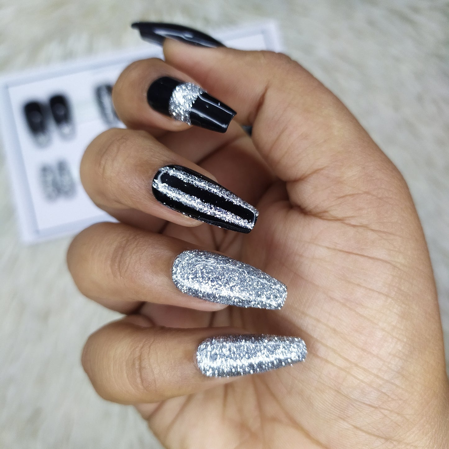 The NailzStation Glossy Black Geometric Press on Fake Artificial Nails Set with glue, filer, sticker application kit // 1377