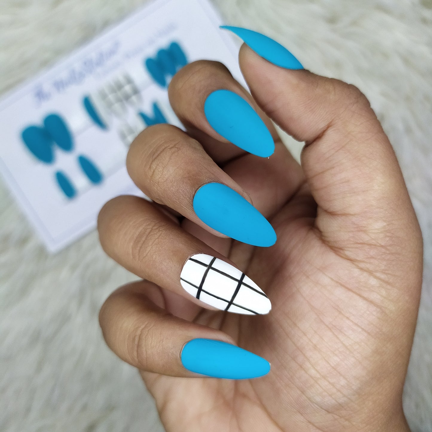 The NailzStation Glossy Light Blue Geometric Press on Fake Artificial Nails Set with glue, filer, sticker application kit // 1323