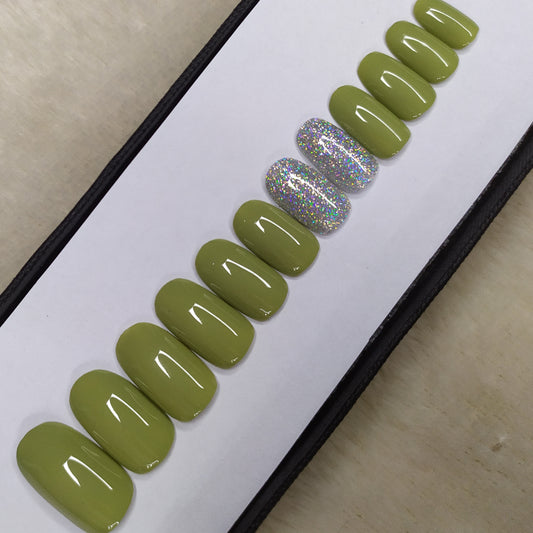 The NailzStation Glossy Green Silver Glitter Press on Fake Artificial Nails Set with glue, filer, sticker application kit // 1389