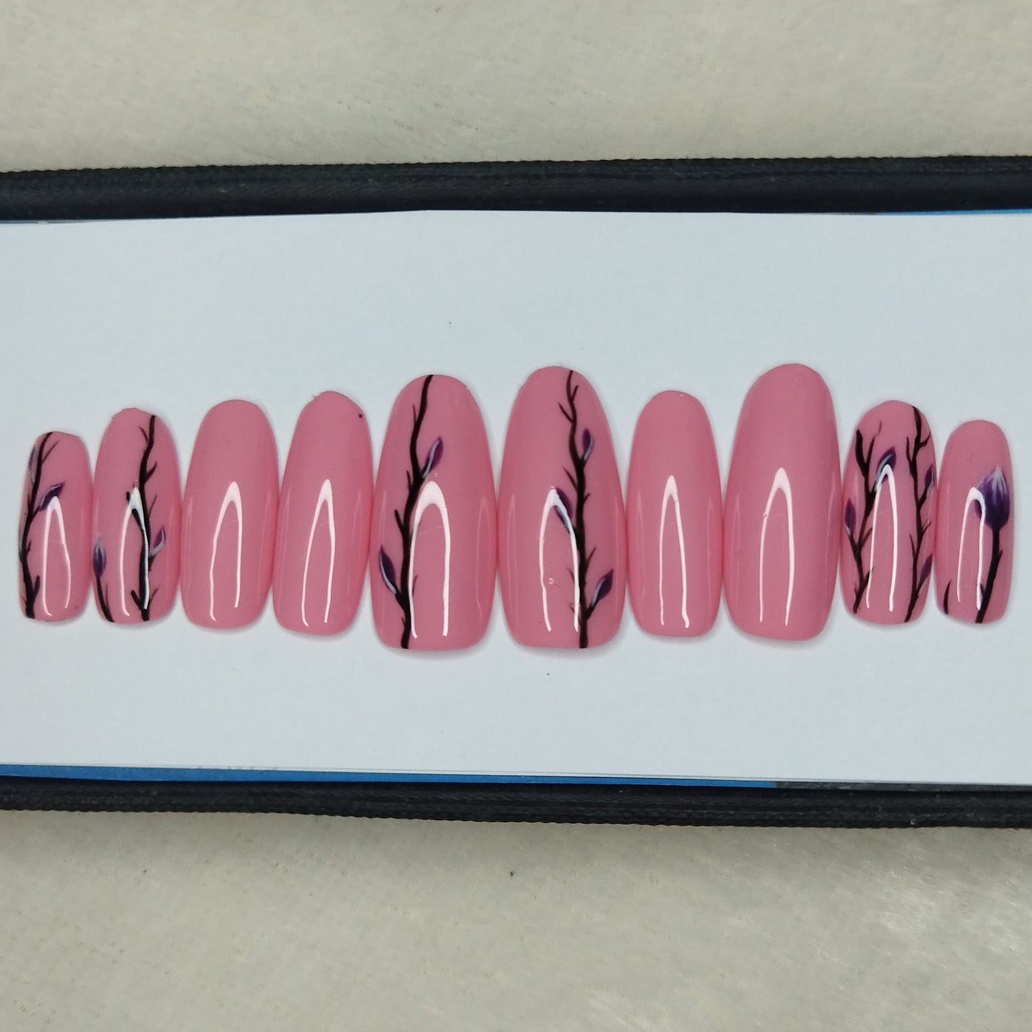 The NailzStation Glossy Pink Floral Press on Fake Artificial Nails Set with glue, filer, sticker application kit // 1276