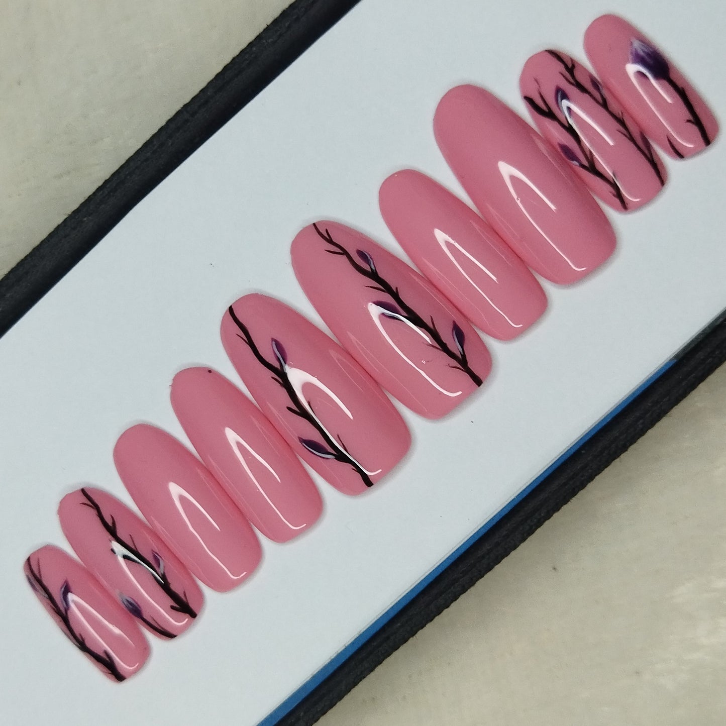 The NailzStation Glossy Pink Floral Press on Fake Artificial Nails Set with glue, filer, sticker application kit // 1276