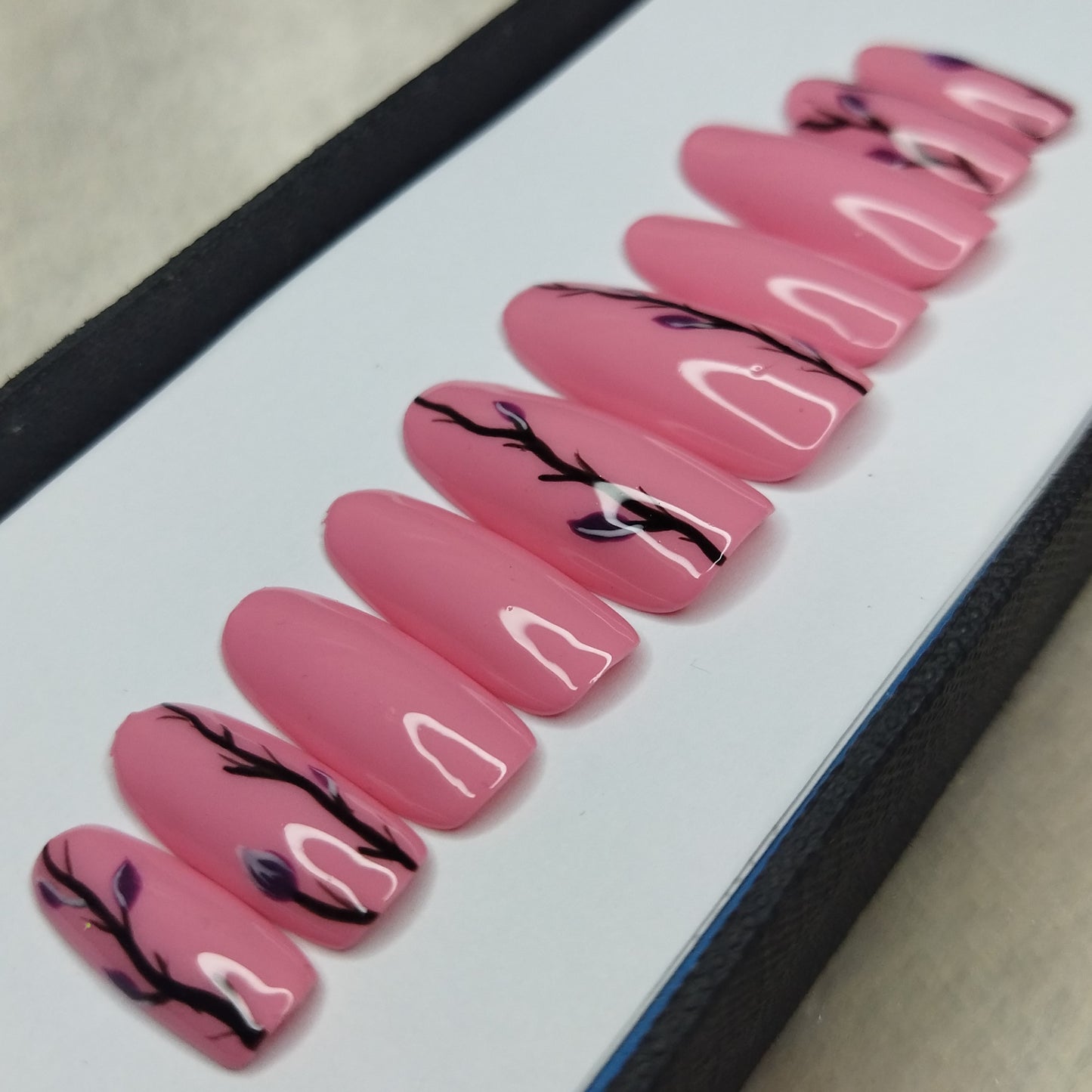 The NailzStation Glossy Pink Floral Press on Fake Artificial Nails Set with glue, filer, sticker application kit // 1276