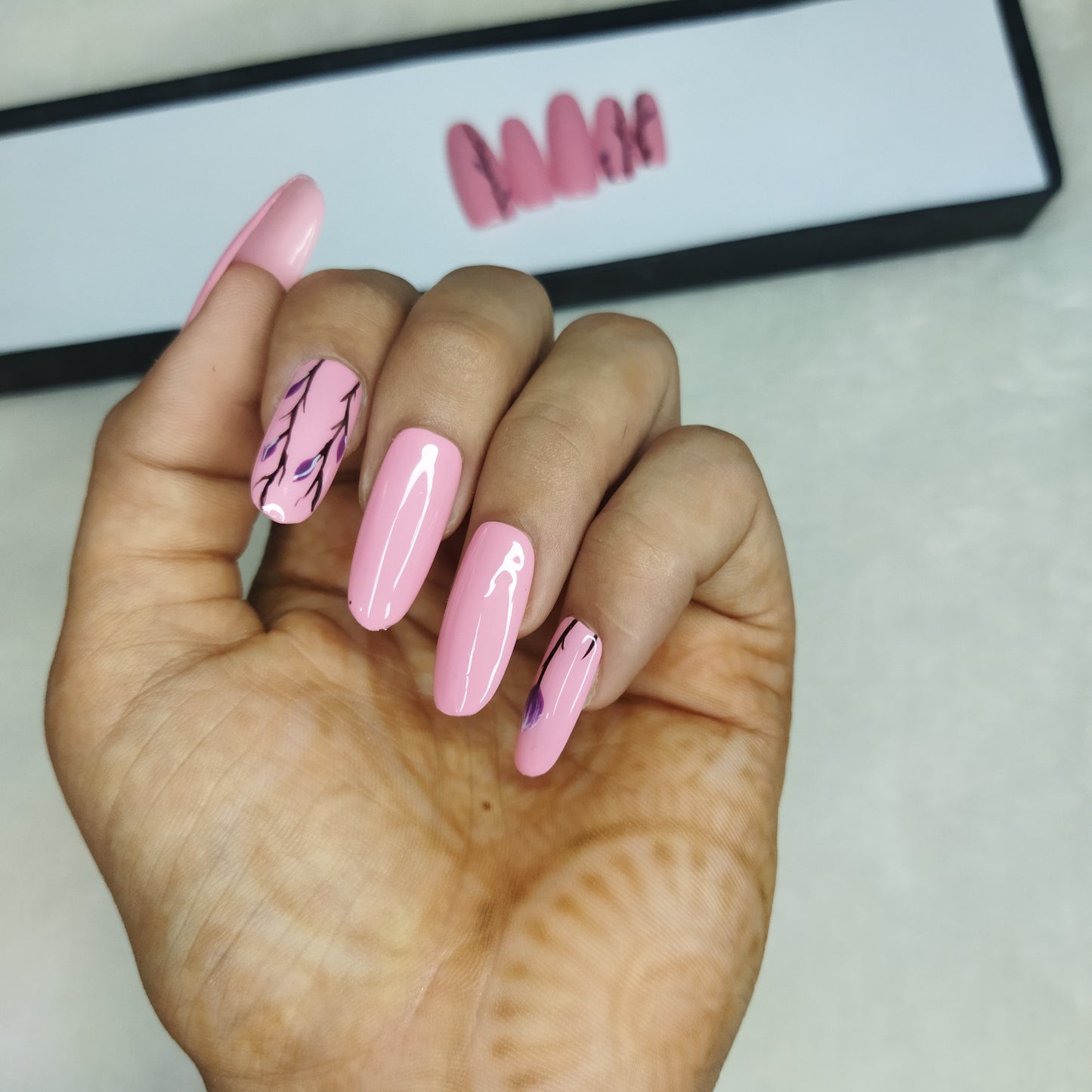 The NailzStation Glossy Pink Floral Press on Fake Artificial Nails Set with glue, filer, sticker application kit // 1276