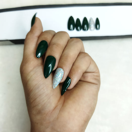 The NailzStation Glossy Dark Green Glitter Press on Fake Artificial Nails Set with glue, filer, sticker application kit // 1315