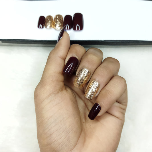 The NailzStation Glossy Dark Maroon Glitter Press on Fake Artificial Nails Set with glue, filer, sticker application kit // 1310