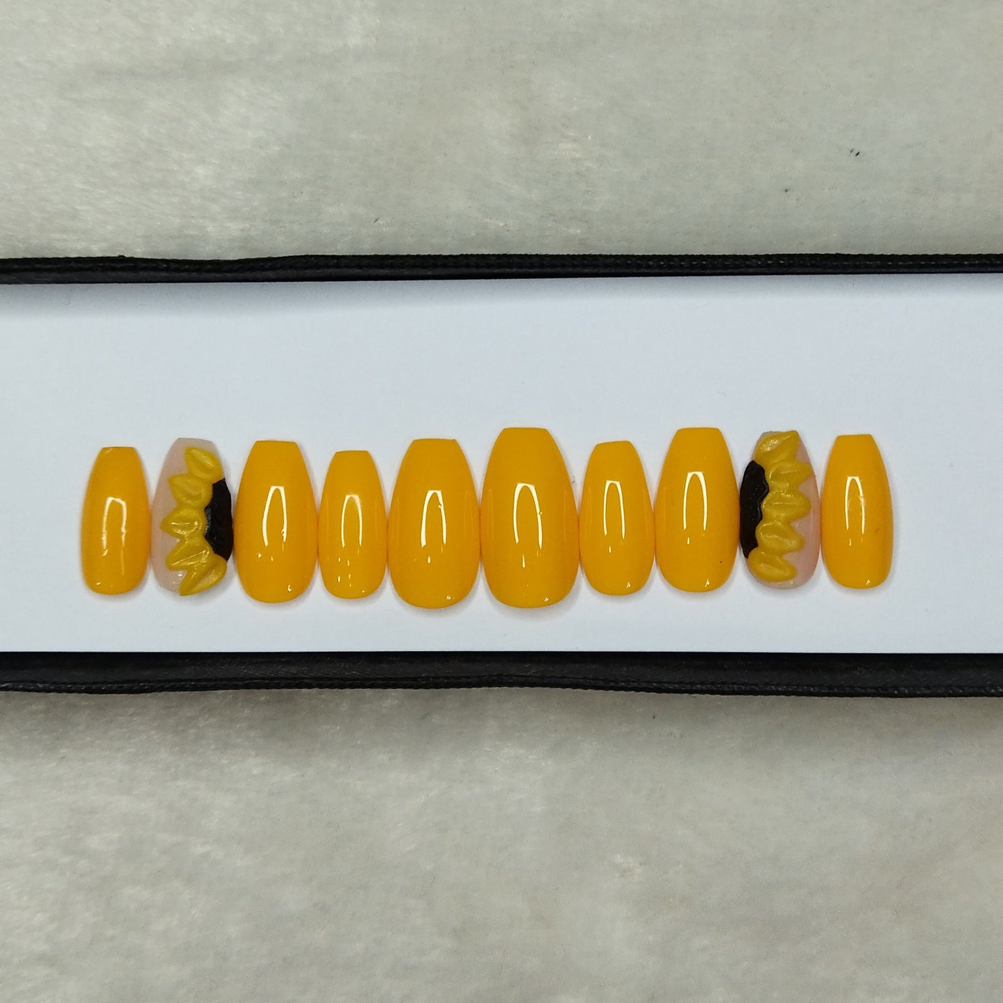 The NailzStation Glossy Yellow 3D Sunflower Press on Fake Artificial Nails Set with glue, filer, sticker application kit // 1309