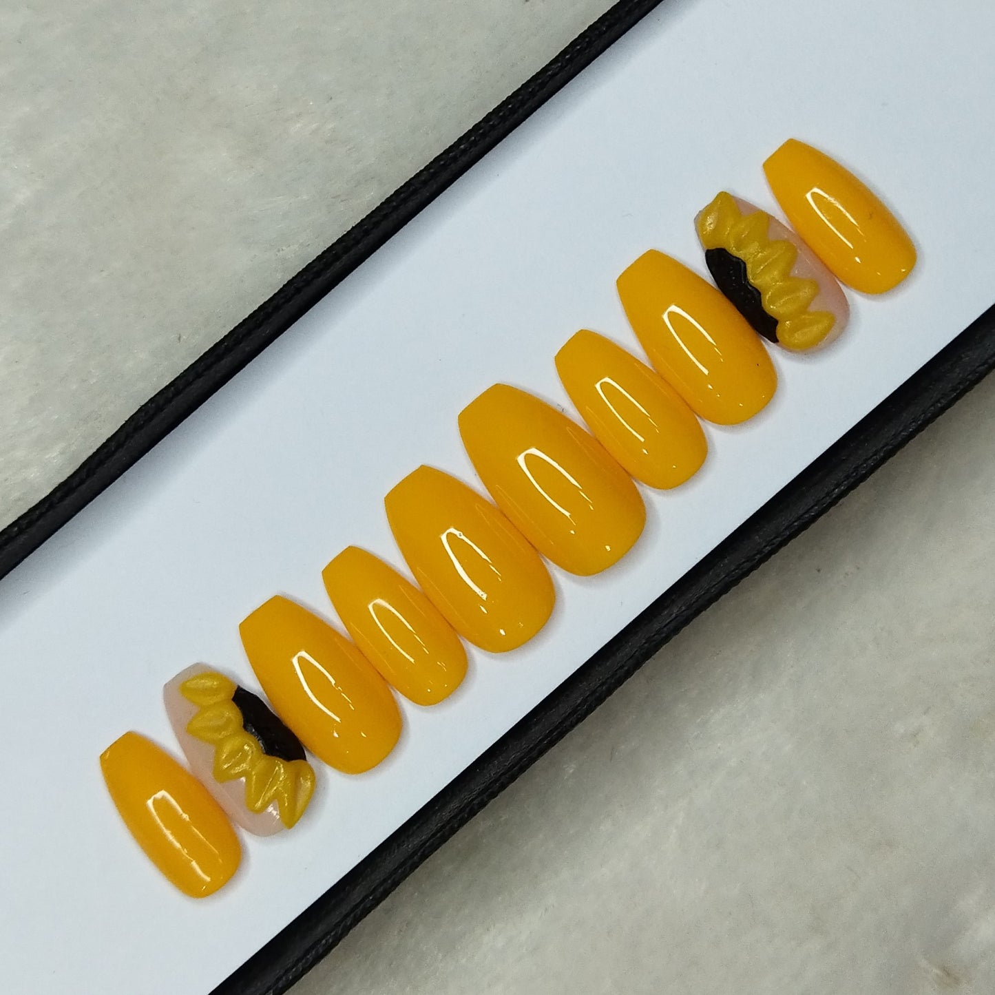 The NailzStation Glossy Yellow 3D Sunflower Press on Fake Artificial Nails Set with glue, filer, sticker application kit // 1309