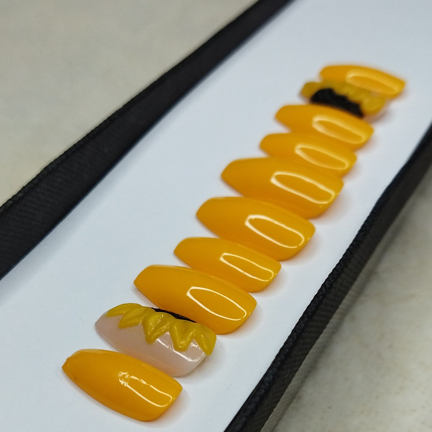 The NailzStation Glossy Yellow 3D Sunflower Press on Fake Artificial Nails Set with glue, filer, sticker application kit // 1309