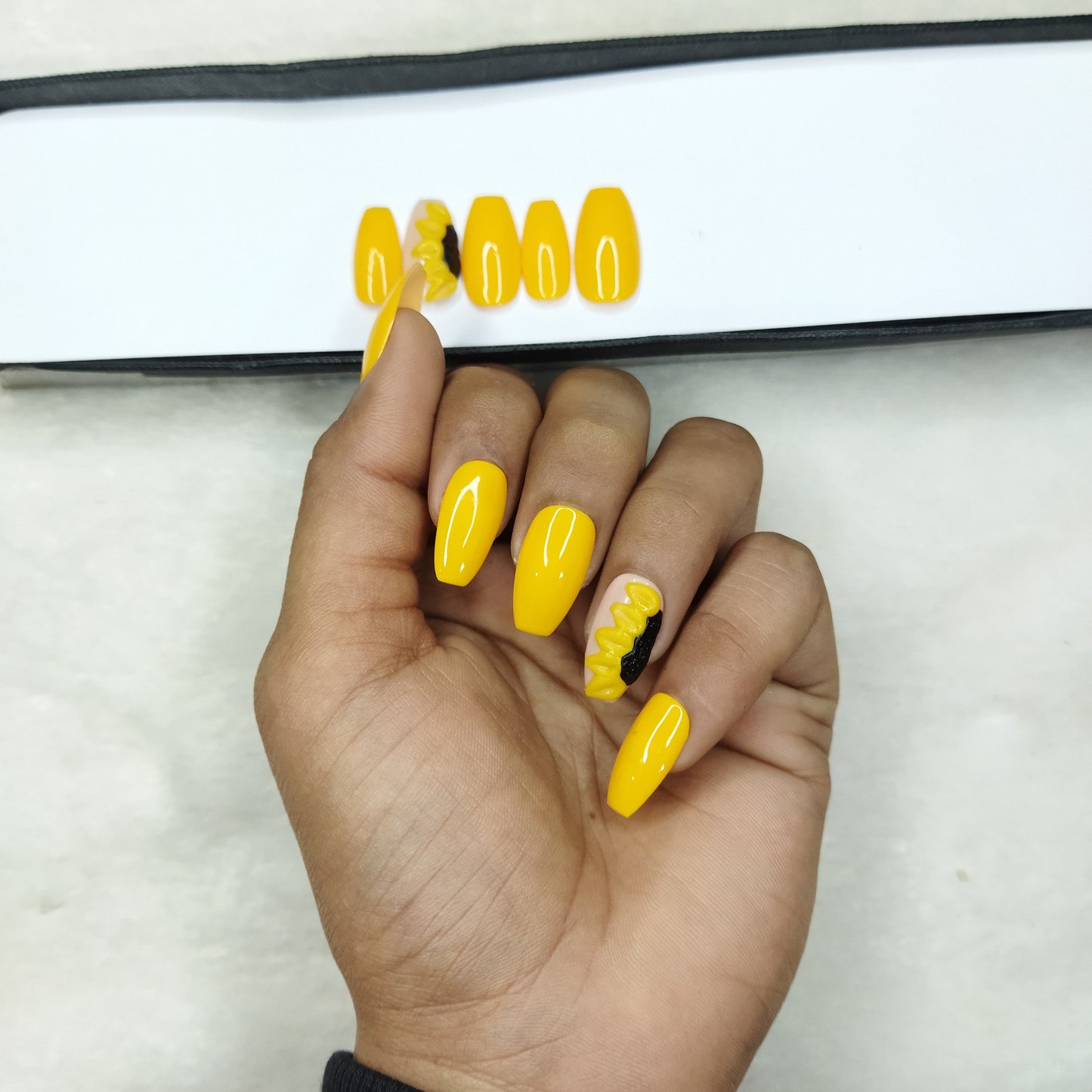 The NailzStation Glossy Yellow 3D Sunflower Press on Fake Artificial Nails Set with glue, filer, sticker application kit // 1309