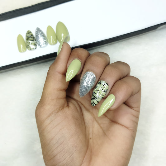 The NailzStation Glossy Light Green Marble Glitter Press on Fake Artificial Nails Set with glue, filer, sticker application kit // 1308