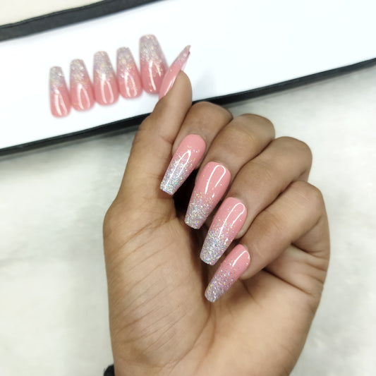 The NailzStation Glossy Light Pink Glitter Ombre Press on Fake Artificial Nails Set with glue, filer, sticker application kit // 1306