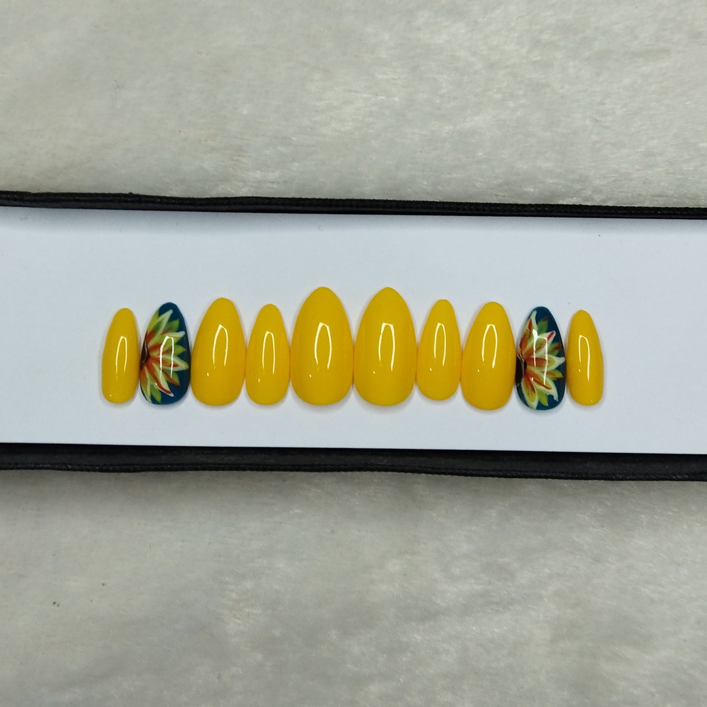 The NailzStation Glossy Yellow Floral Press on Fake Artificial Nails Set with glue, filer, sticker application kit // 1307