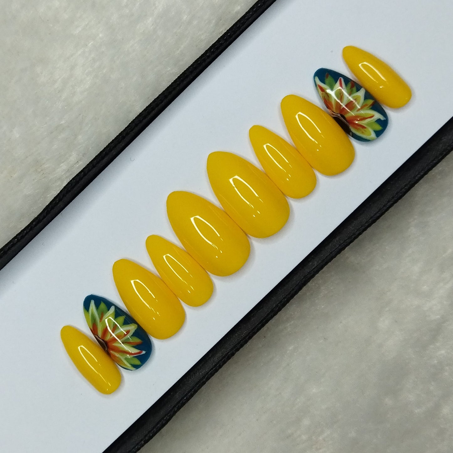 The NailzStation Glossy Yellow Floral Press on Fake Artificial Nails Set with glue, filer, sticker application kit // 1307