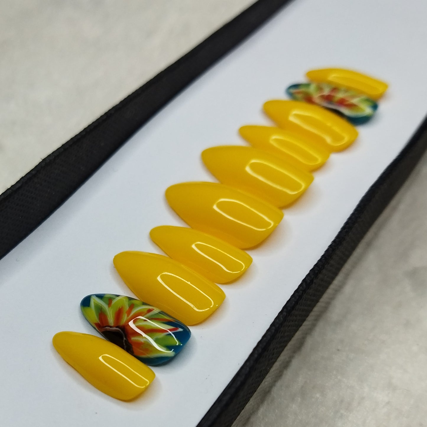 The NailzStation Glossy Yellow Floral Press on Fake Artificial Nails Set with glue, filer, sticker application kit // 1307