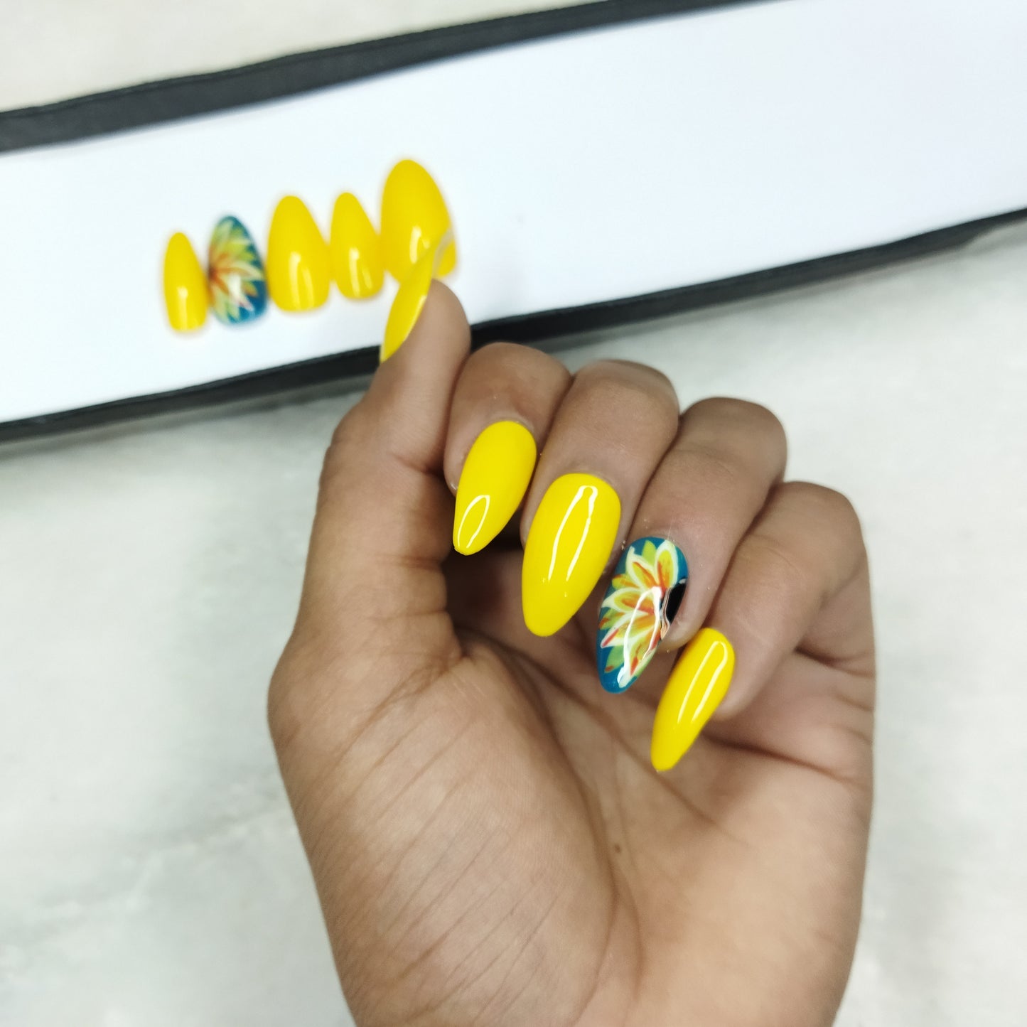 The NailzStation Glossy Yellow Floral Press on Fake Artificial Nails Set with glue, filer, sticker application kit // 1307