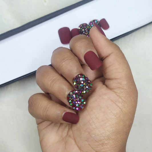 The NailzStation Glossy Maroon Studded Press on Fake Artificial Nails Set with glue, filer, sticker application kit // 1286