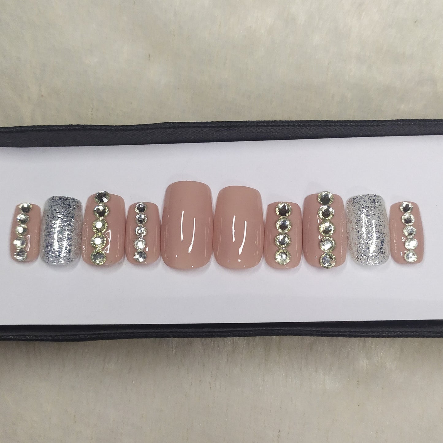 The NailzStation Glossy Nude Studded Press on Fake Artificial Nails Set with glue, filer, sticker application kit // 1281