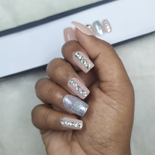 The NailzStation Glossy Nude Studded Press on Fake Artificial Nails Set with glue, filer, sticker application kit // 1281