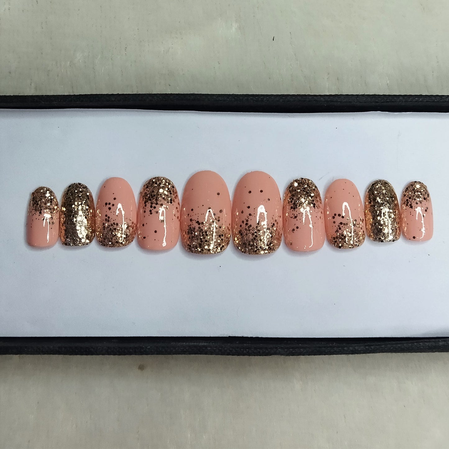 The NailzStation Glossy Nude Glitter Ombre Press on Fake Artificial Nails Set with glue, filer, sticker application kit // 1283