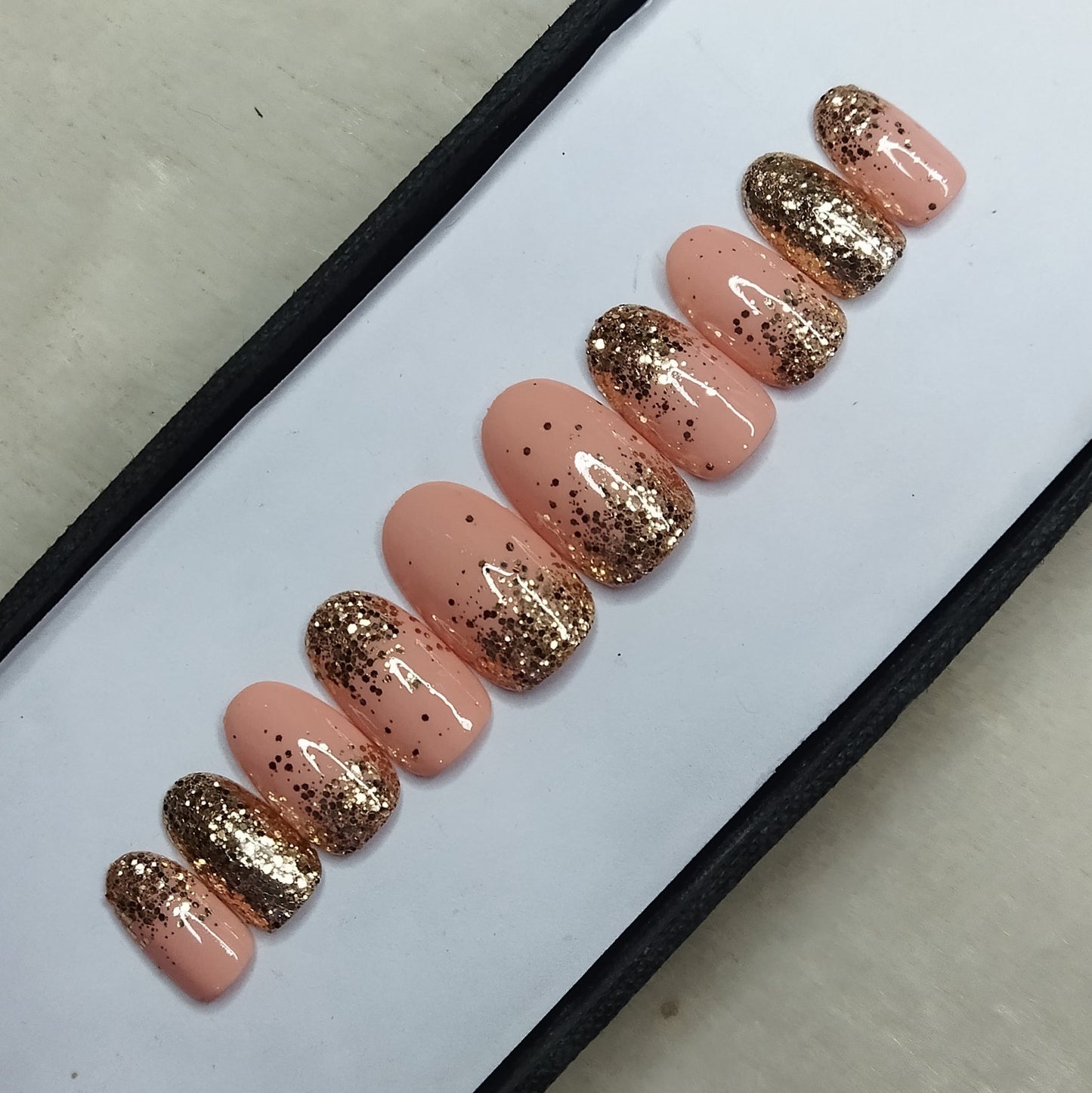 The NailzStation Glossy Nude Glitter Ombre Press on Fake Artificial Nails Set with glue, filer, sticker application kit // 1283