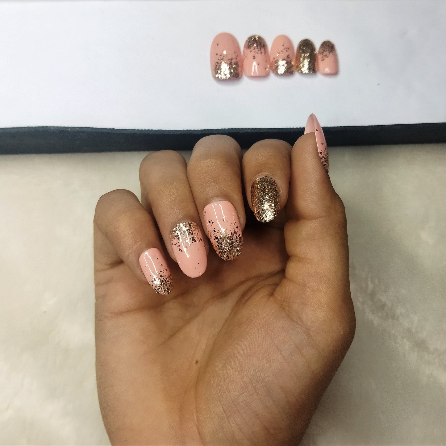 The NailzStation Glossy Nude Glitter Ombre Press on Fake Artificial Nails Set with glue, filer, sticker application kit // 1283