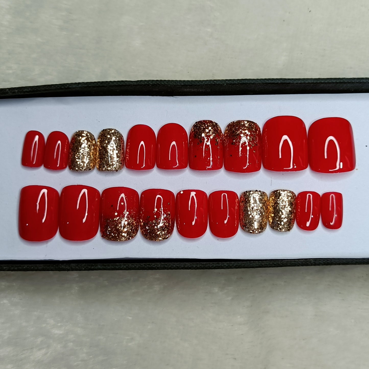 The NailzStation Glossy Red Glitter Ombre Press on Fake Artificial Nails Set with glue, filer, sticker application kit // 1304