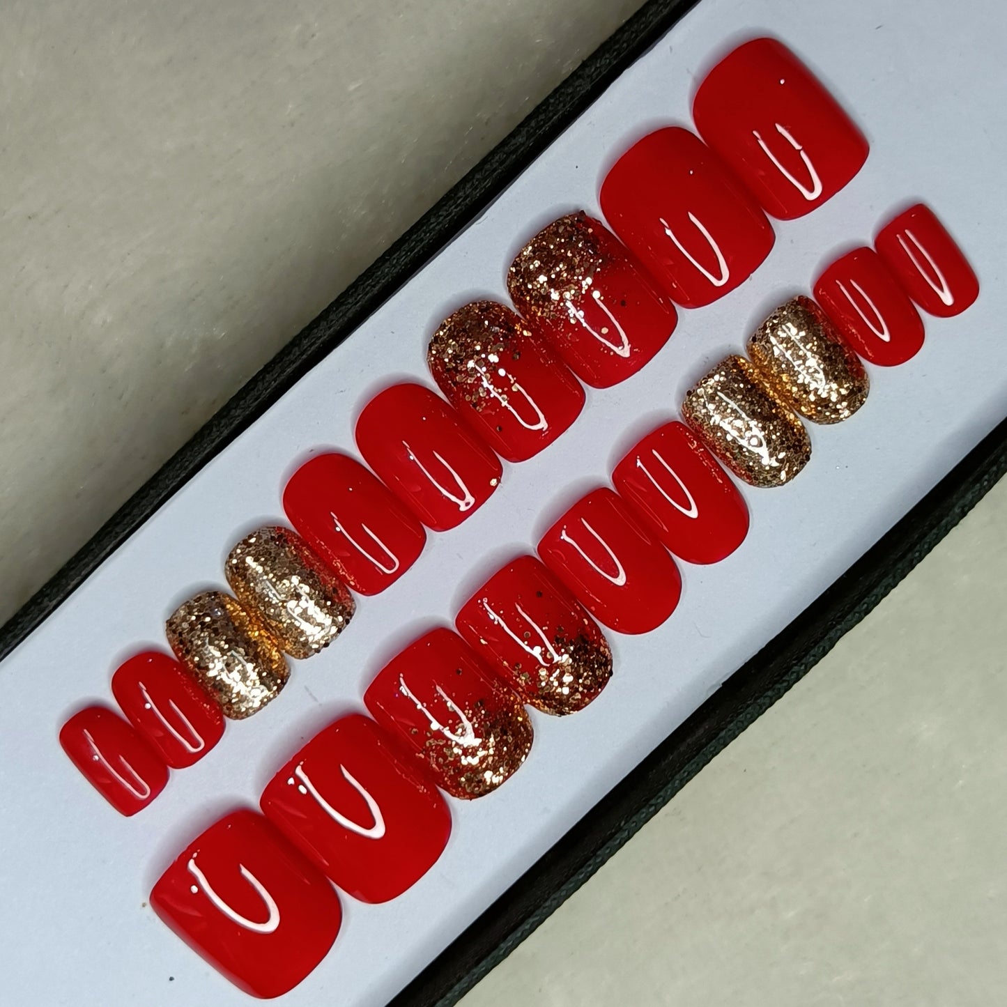 The NailzStation Glossy Red Glitter Ombre Press on Fake Artificial Nails Set with glue, filer, sticker application kit // 1304