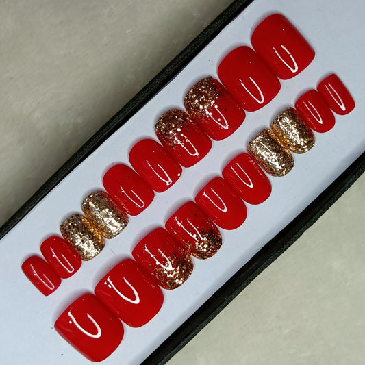 The NailzStation Glossy Red Glitter Ombre Press on Fake Artificial Nails Set with glue, filer, sticker application kit // 1304