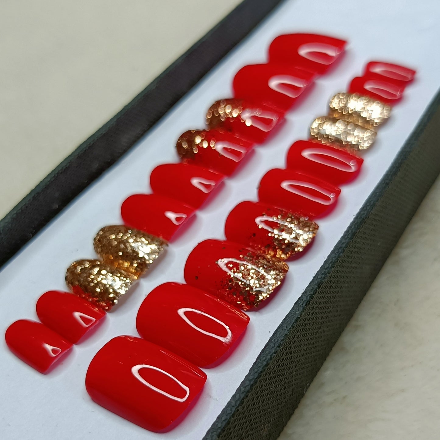 The NailzStation Glossy Red Glitter Ombre Press on Fake Artificial Nails Set with glue, filer, sticker application kit // 1304